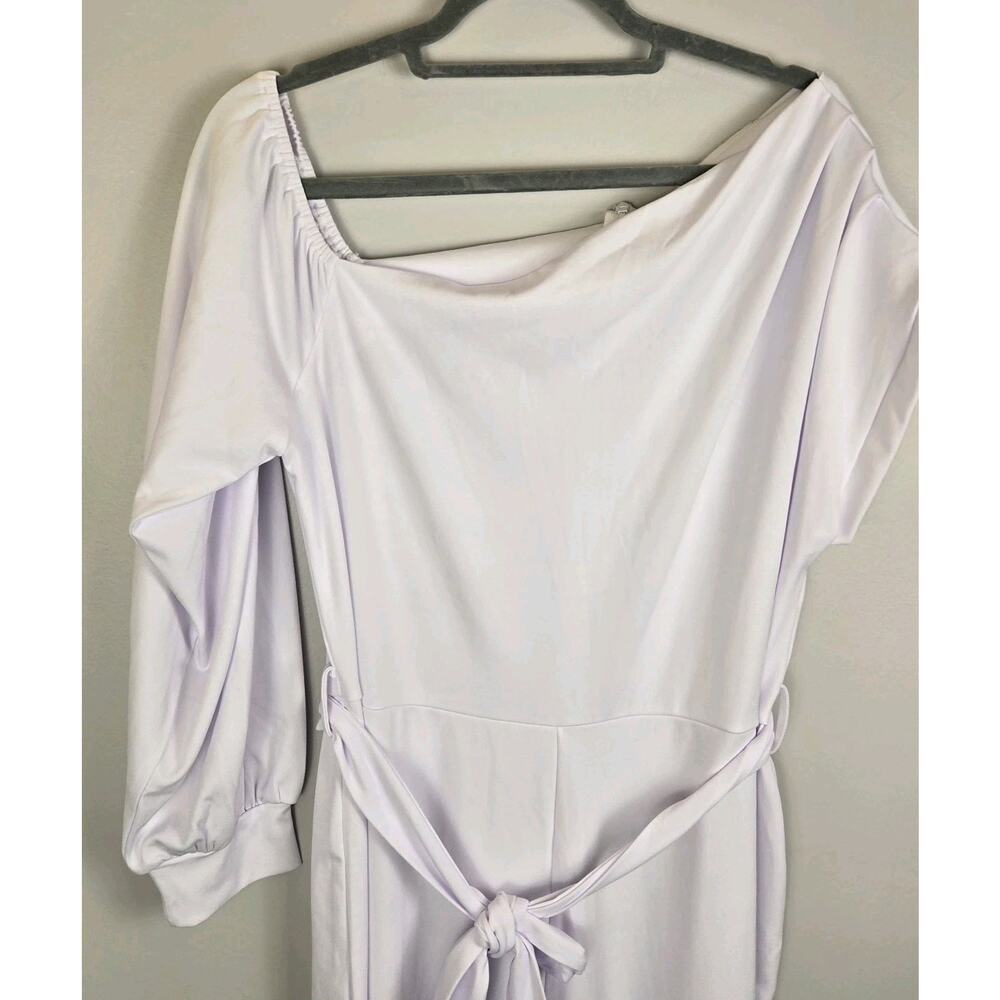 White Poly Spandex Jumpsuit Flare Leg HiLo Sleeves Belted 26" Inseam. RESORT NEW - Picture 3 of 8